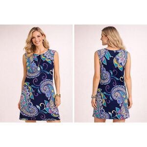 Chico’s Women’s Paisley Sleeveless Tunic Top Size 2 Blue Stretch Dress